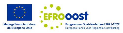Logo EU met de tekst Medegefinancierd door de Europese unie en het logo van Efro-oost met de tekst Programma Oost-Nederland 2021-2027, Europees fonds voor regionale ontwikkeling