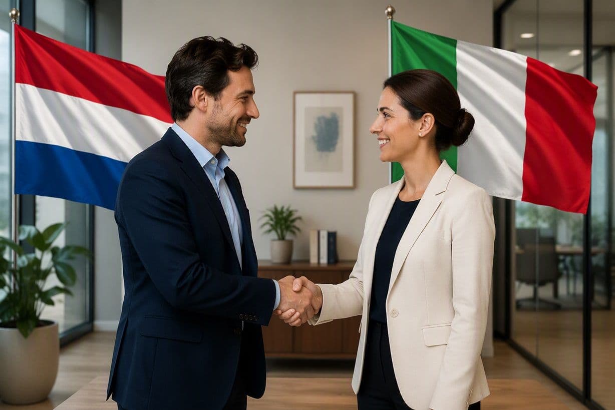 2 personen schudden hand voor Nederlandse en Italiaanse vlag